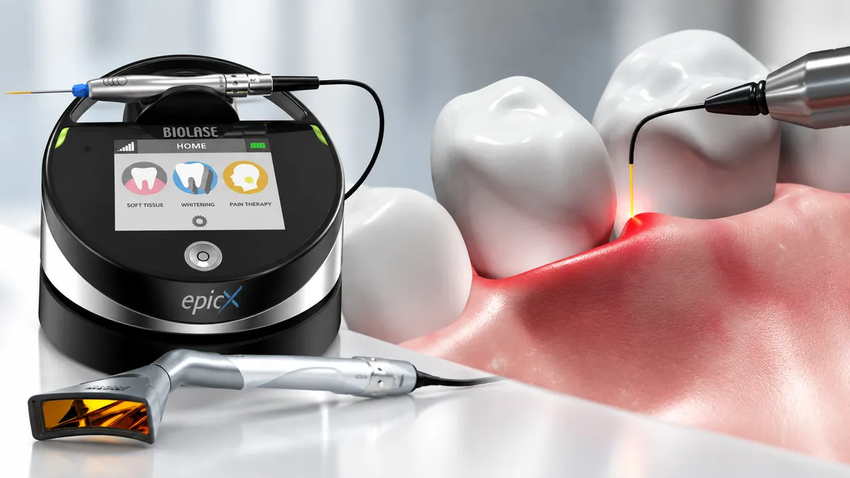 A dental laser, next to an image of a laser at the gum line.